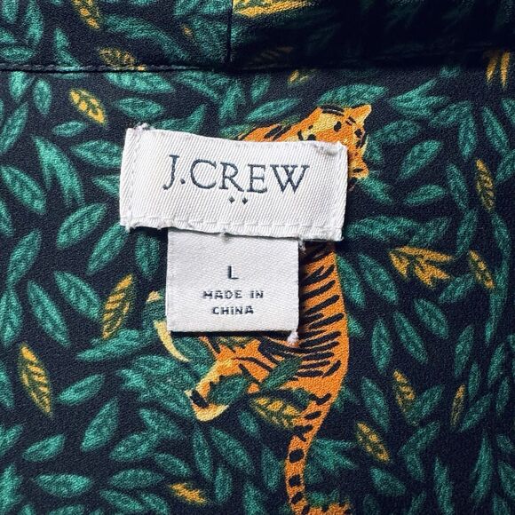J Crew Emerald Green Safari Jungle Print Blouse w Attached Scarf / Bow Large - Picture 6 of 7